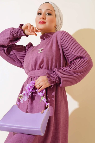 Kolu Piliseli Keten Elbise Magenta - Resim 2