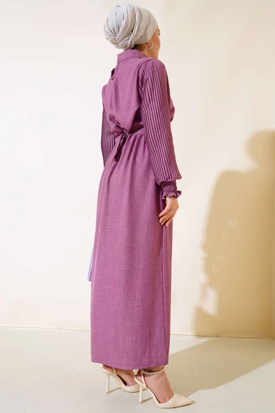 Kolu Piliseli Keten Elbise Magenta - Resim 3