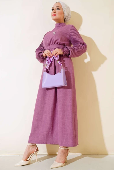 Kolu Piliseli Keten Elbise Magenta ürün görseli 1
