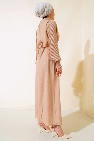 Kolu Piliseli Keten Elbise Latte - Resim 3