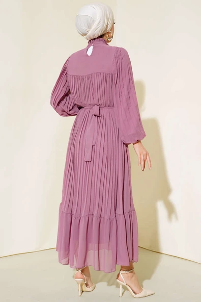 Fırfırlı Piliseli Şifon Elbise Magenta - Resim 3