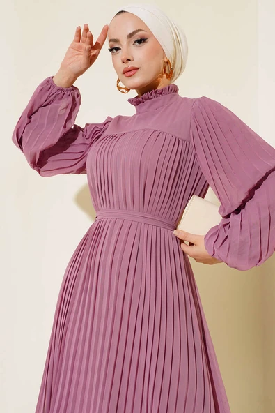 Fırfırlı Piliseli Şifon Elbise Magenta - Resim 2