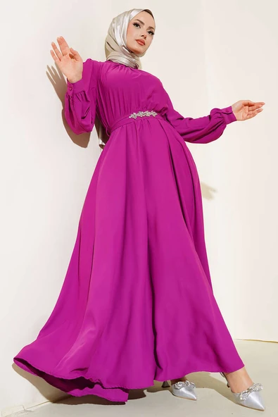 Kuşağı Taşlı Elbise Fuşya ürün görseli 1