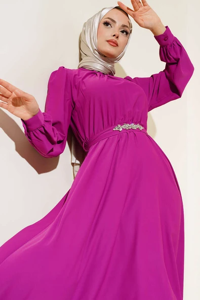 Kuşağı Taşlı Elbise Fuşya - Resim 2