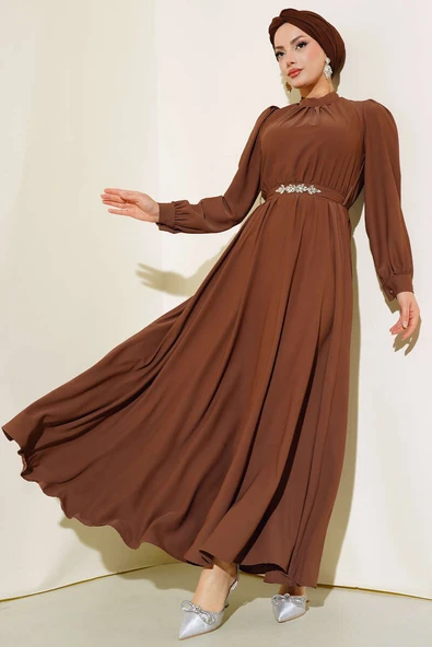Kuşağı Taşlı Elbise Kahve
