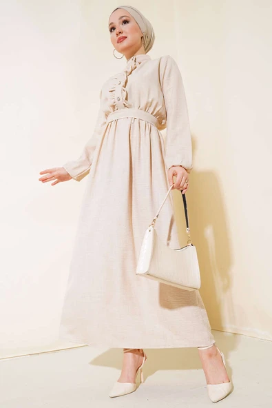 Önü Fırfırlı Keten Elbise Bej ürün görseli 1