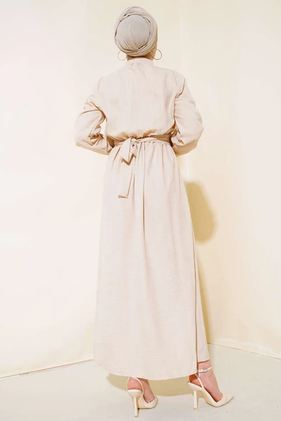 Önü Fırfırlı Keten Elbise Bej - Resim 3