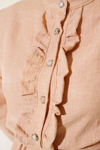 Önü Fırfırlı Keten Elbise Camel - Resim 4