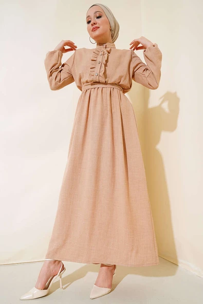 Önü Fırfırlı Keten Elbise Camel ürün görseli 1