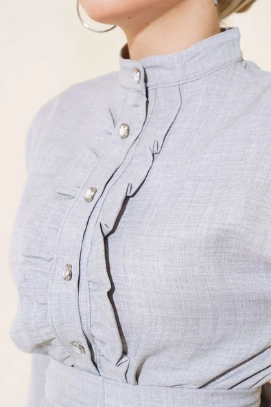 Önü Fırfırlı Keten Elbise Gri - Resim 4