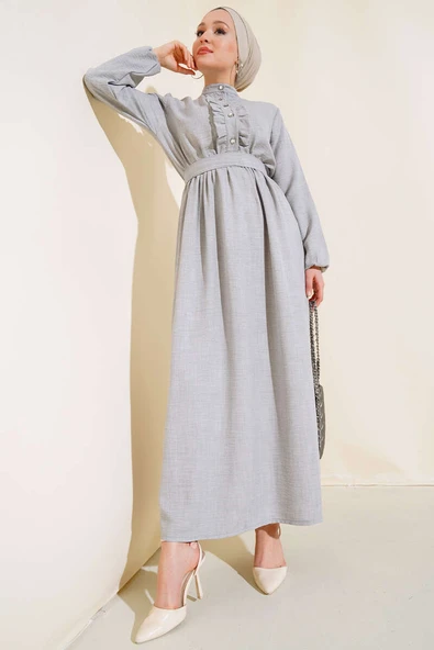 Önü Fırfırlı Keten Elbise Gri ürün görseli 1