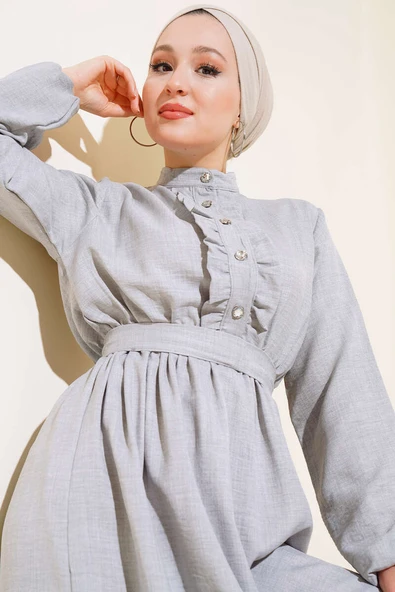 Önü Fırfırlı Keten Elbise Gri - Resim 2