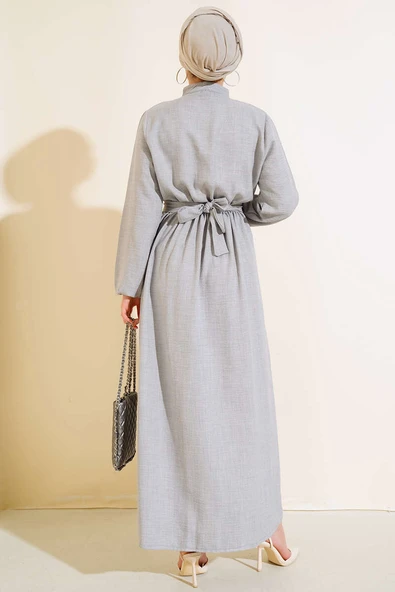 Önü Fırfırlı Keten Elbise Gri - Resim 3