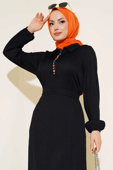 Renkli Düğmeli Patlı Elbise Siyah - 2