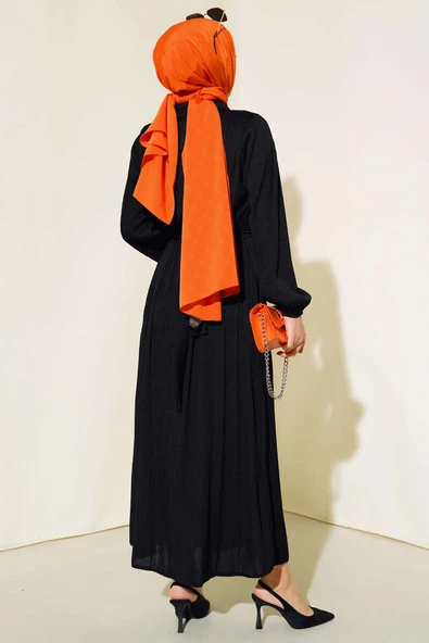 Renkli Düğmeli Patlı Elbise Siyah - Resim 3