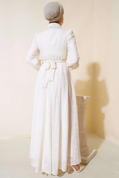 Önü Fırfırlı Yakalı Elbise Ekru - Resim 3