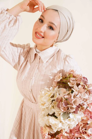 Patlı Kabartma Desenli Elbise Bej - 2