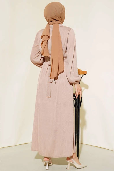 Renkli Düğmeli Patlı Elbise Bej - Resim 3