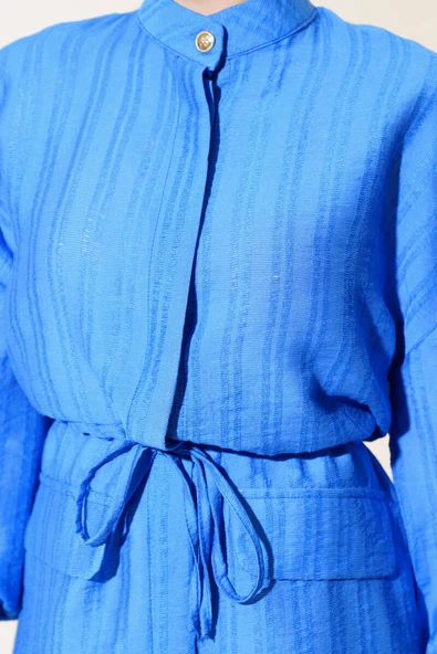 Bel Tünelli Uzun Tunik Mavi - Resim 4