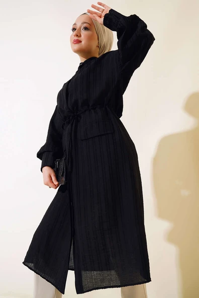 Bel Tünelli Uzun Tunik Siyah ürün görseli 1