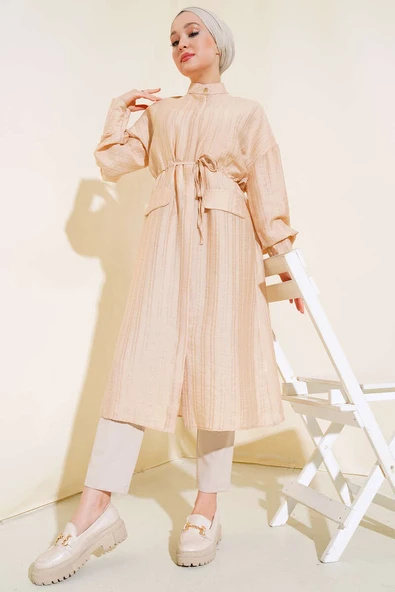 Bel Tünelli Uzun Tunik Bej - Resim 2