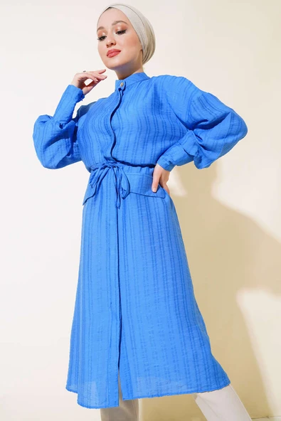 Bel Tünelli Uzun Tunik Mavi ürün görseli