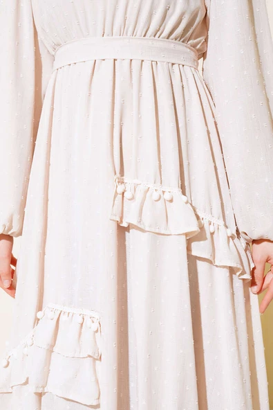 Ponpon Detaylı Elbise Bej - Resim 4