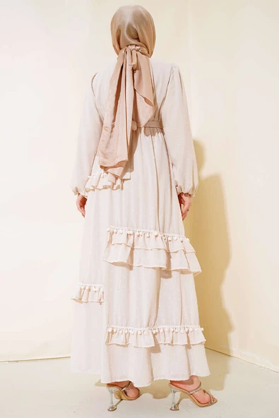 Ponpon Detaylı Elbise Bej - Resim 3