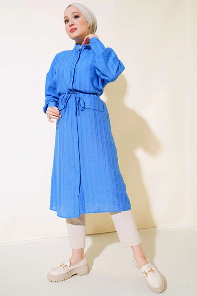 Bel Tünelli Uzun Tunik Mavi - Resim 2