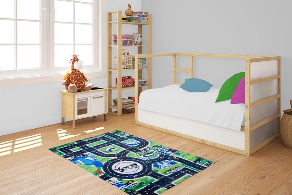 Çocuk Halısı ve Bebek Halısı Yıkanabilir Kaymaz Taban Polis Figürlü Yeşil Dijital Baskı Halı HC011 - 5