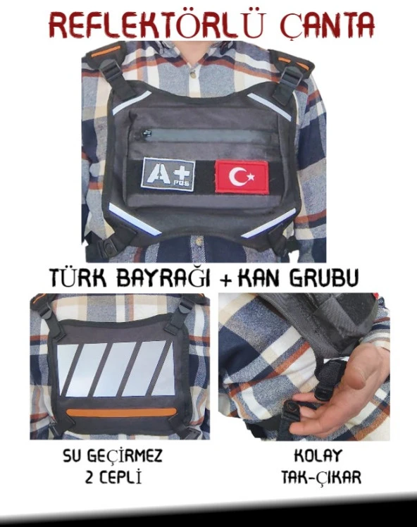 Reflektörlü Gögüs Çantası Kan Grubu A+ Türk Bayrağı Su Geçirmez Gri Turuncu
