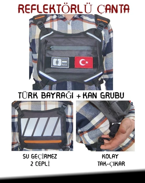 Reflektörlü Gögüs Çantası Kan Grubu O- Türk Bayrağı Su Geçirmez Gri Turuncu