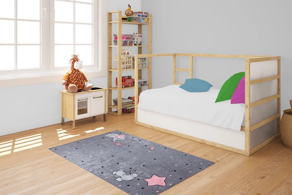 Çocuk Halısı ve Bebek Halısı Yıkanabilir Kaymaz Taban Yıldız Desen Antrasit Pembe Dijital Baskı Halı HC012 - 7