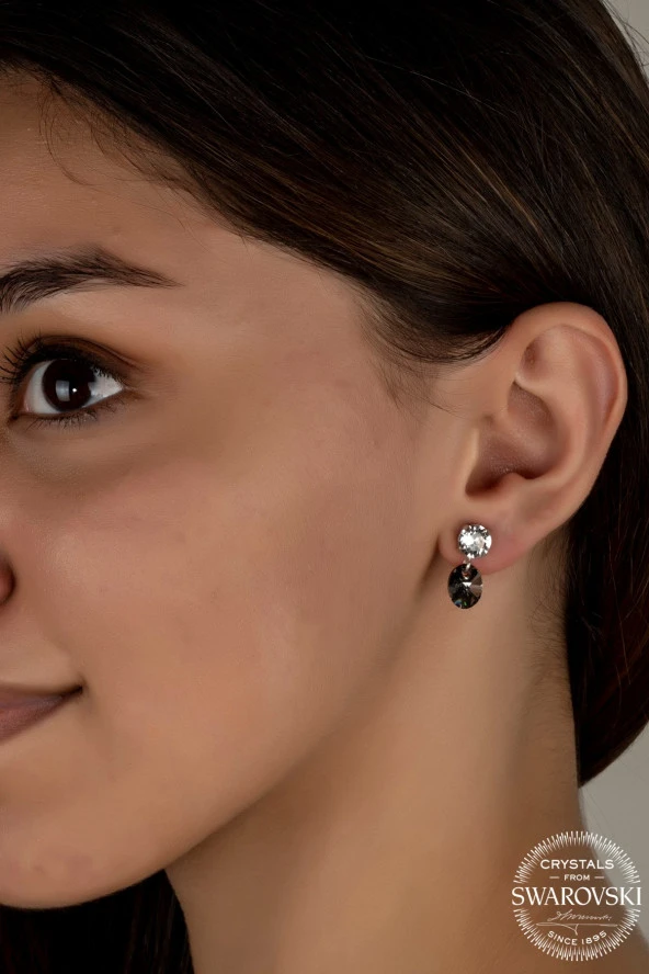 Swarovski Crystal Kadın Çift Renk Sallantılı Çivili Gümüş Küpe - 2