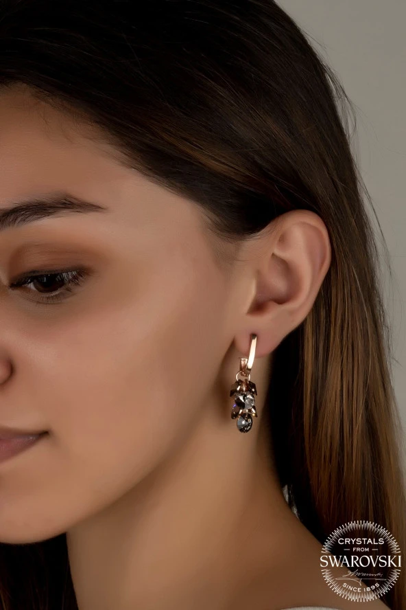 Swarovski Crystal Kadın Salkım Gümüş Rose Küpe - 2