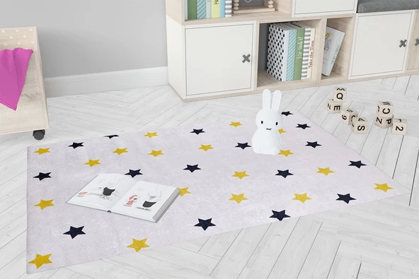 Çocuk Halısı ve Bebek Halısı Yıkanabilir Kaymaz Taban Gri Sarı Desen Dijital Baskı Halı HC013 - 8