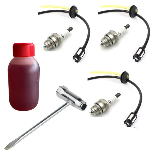 Kmtmak Motorlu Tırpan 3 Adet Buji 100 Ml 2T Benzin Katkı Yağı Buji Anahtarı 3 Adet Benzin Hortum Set ürün görseli