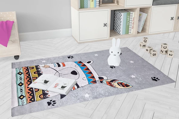 Çocuk Halısı ve Bebek Halısı Yıkanabilir Kaymaz Taban Gri Dijital Baskı Halı HC015 - 8