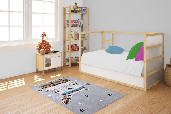 Çocuk Halısı ve Bebek Halısı Yıkanabilir Kaymaz Taban Gri Dijital Baskı Halı HC015 - 6