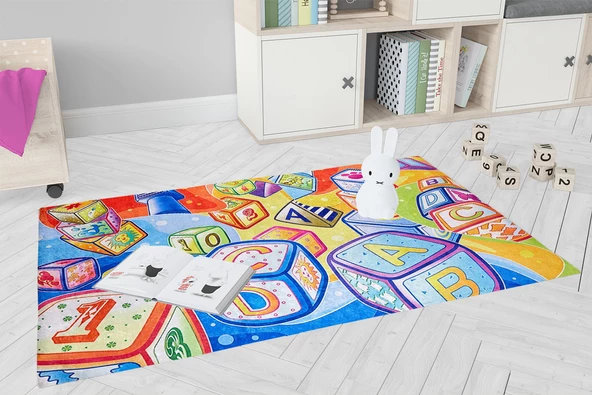 Çocuk Halısı ve Bebek Halısı Yıkanabilir Kaymaz Taban Harfler Renkli Sarı Dijital Baskı Halı HC017 - 8