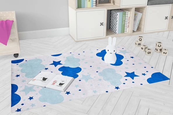 Çocuk Halısı ve Bebek Halısı Yıkanabilir Kaymaz Taban Mavi Dijital Baskı Halı HC018 - 8