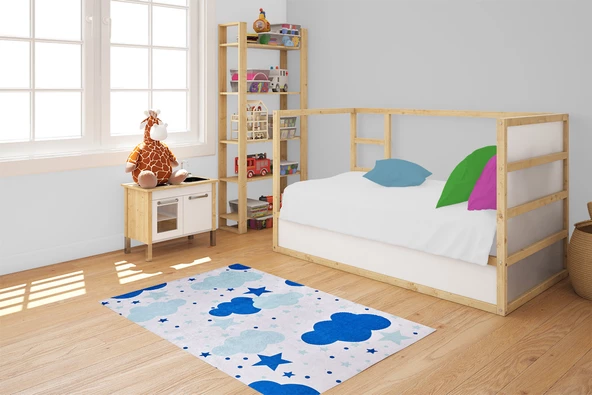 Çocuk Halısı ve Bebek Halısı Yıkanabilir Kaymaz Taban Mavi Dijital Baskı Halı HC018 - 6