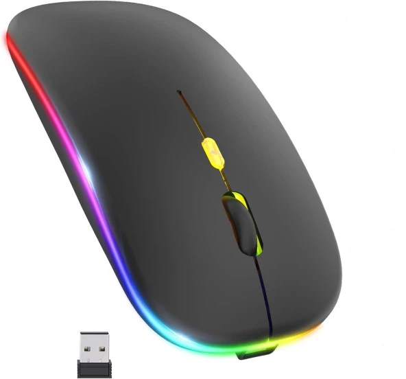 Siyah RGB Şarjlı Kablosuz 1600DPI Işıklı Kablosuz Sessiz Mouse Bwm6