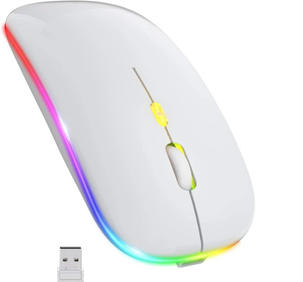 Beyaz RGB Şarjlı Kablosuz 1600DPI Işıklı Kablosuz Sessiz Mouse Bwm6
