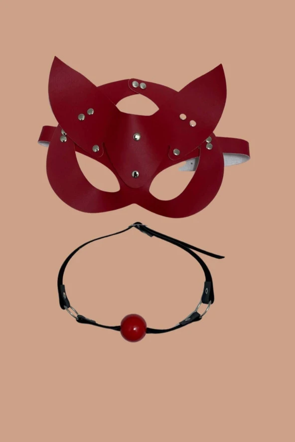 espontane-adult Kırmızı Deri Maske ve Ağız Topu Harness Aksesuar