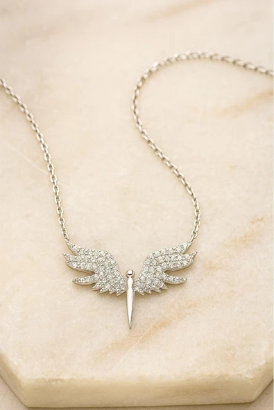 Mikail Kolye Serisi Zirkon Taşlı Kanat Melek Kadın Kolye 925 Ayar Gümüş Zincirli - Resim 7