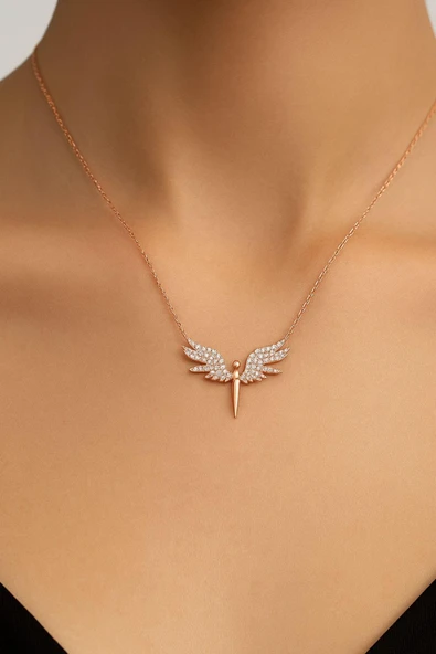 Mikail Kolye Serisi Zirkon Taşlı Kanat Melek Kadın Kolye 925 Ayar Gümüş Zincirli - Resim 10