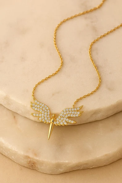 Mikail Kolye Serisi Zirkon Taşlı Kanat Melek Kadın Kolye 925 Ayar Gümüş Zincirli - Resim 5