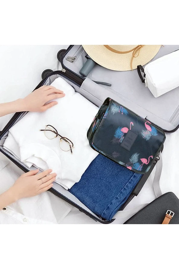 Çok Fonksiyonlu Askılı Makyaj Çantası Flamingo Desenli ( Büyük Boy ) - 6