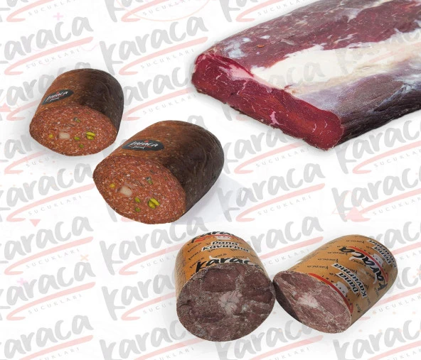 Karaca  Göden Antep Fıstıklı ve Hellim Peynirli Sucuk 750 Gr Sıfır Çemensiz Pastırma 750 Gr Blok Dana Kavurma 750 Gr